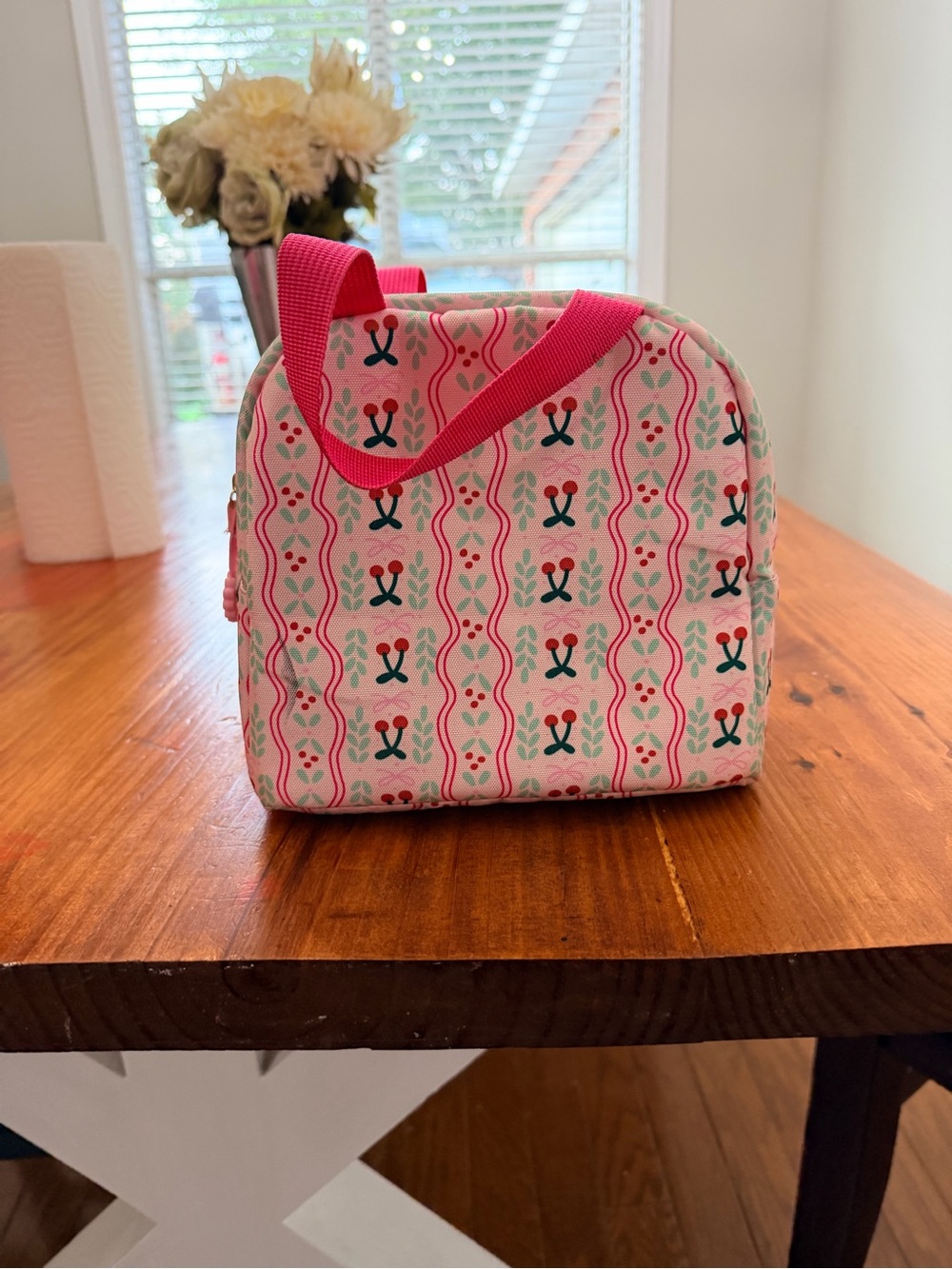 Pink Patterned Insulated Lunch Bag with Hot Pink Handles Jane Marie lunchbox